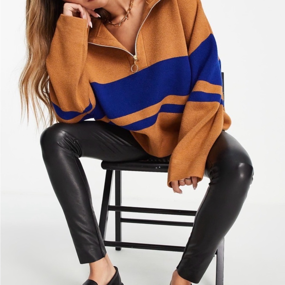 Mango half zip sweater in brown with blue contrast stripes, oversized XS - Picture 2 of 8